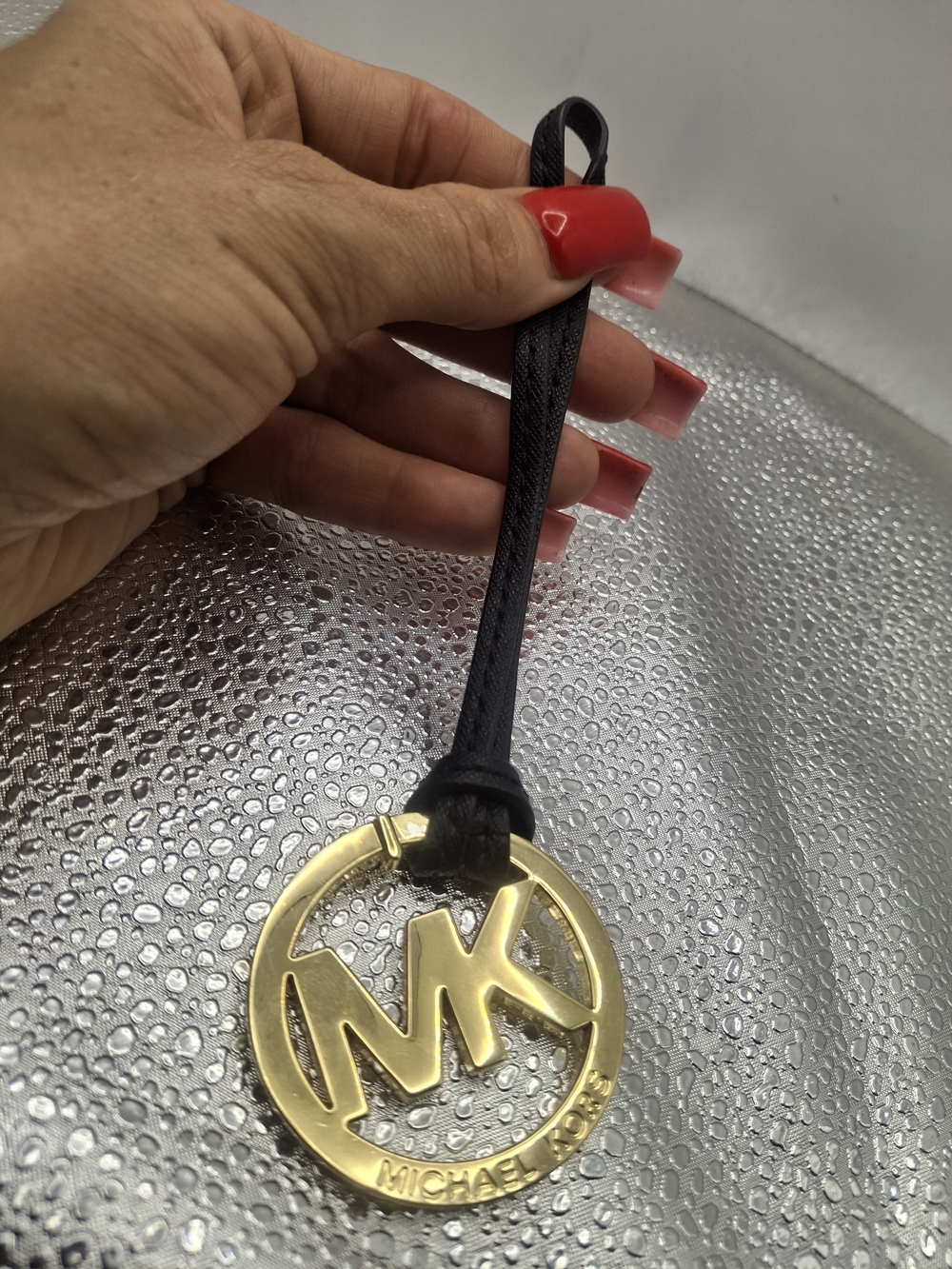 Michael Kors Gold MK Logo Keychain with Black Strap / Spare Purse Charm